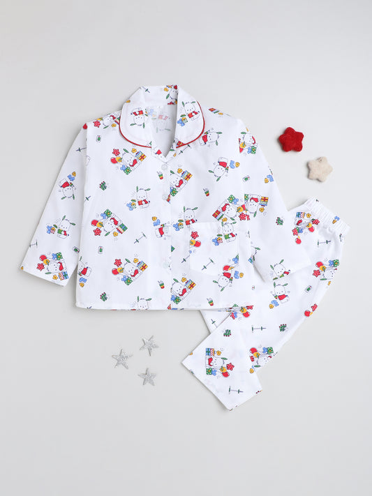 Full Sleeves Printed Lounge Wear Night Suit Set For Kids White