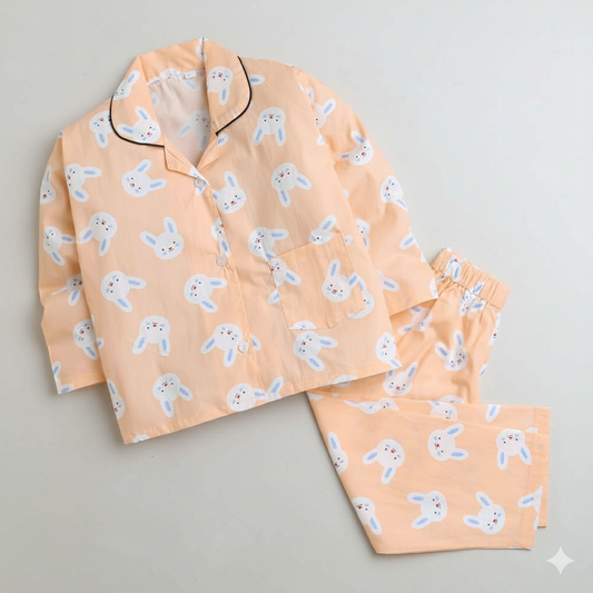 Full Sleeves Printed Shirt With Pajama - Orange