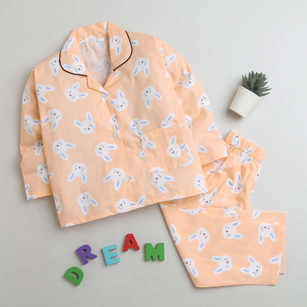 Full Sleeves Printed Shirt With Pajama - Orange