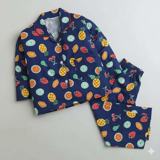 Full Sleeves Printed Shirt With Pajama - Blue