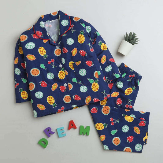 Full Sleeves Printed Shirt With Pajama - Blue