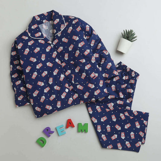 Popcorn Printed Full Sleeves Lounge Wear Night Suit Set For Kids Navy Blue