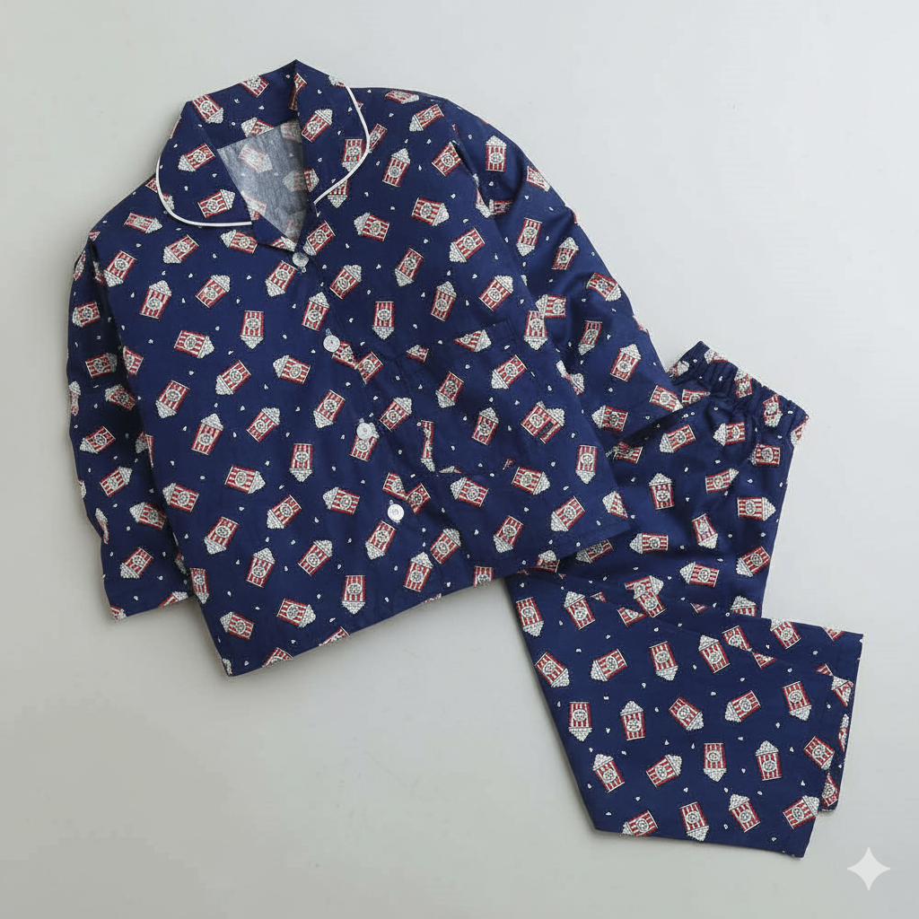 Popcorn Printed Full Sleeves Lounge Wear Night Suit Set For Kids Navy Blue