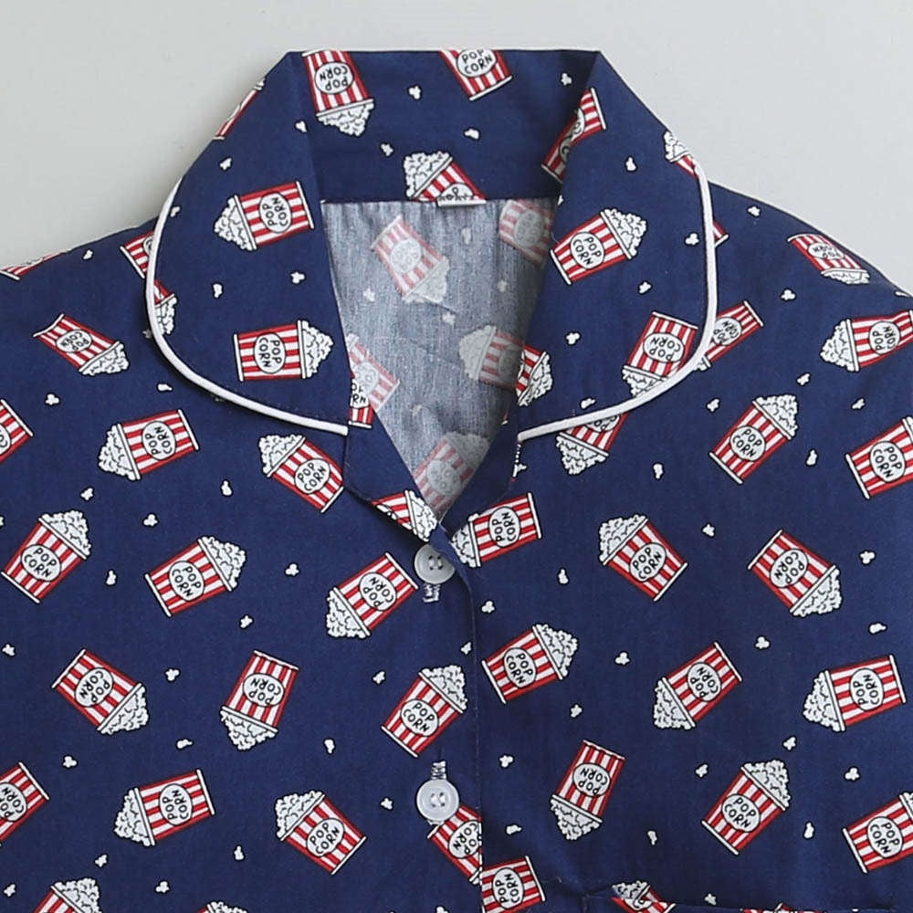 Popcorn Printed Full Sleeves Lounge Wear Night Suit Set For Kids Navy Blue
