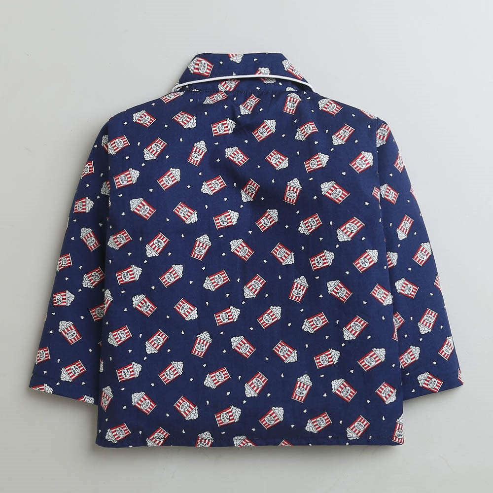Popcorn Printed Full Sleeves Lounge Wear Night Suit Set For Kids Navy Blue