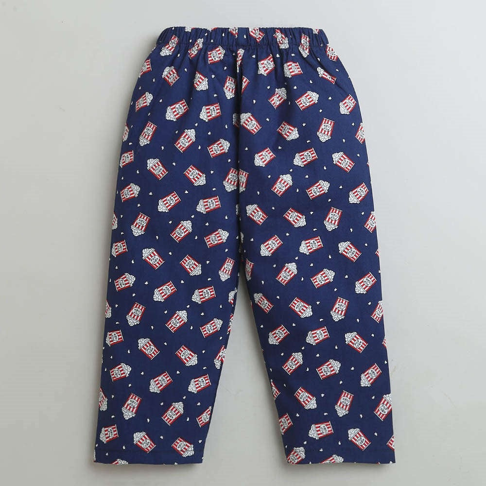 Popcorn Printed Full Sleeves Lounge Wear Night Suit Set For Kids Navy Blue