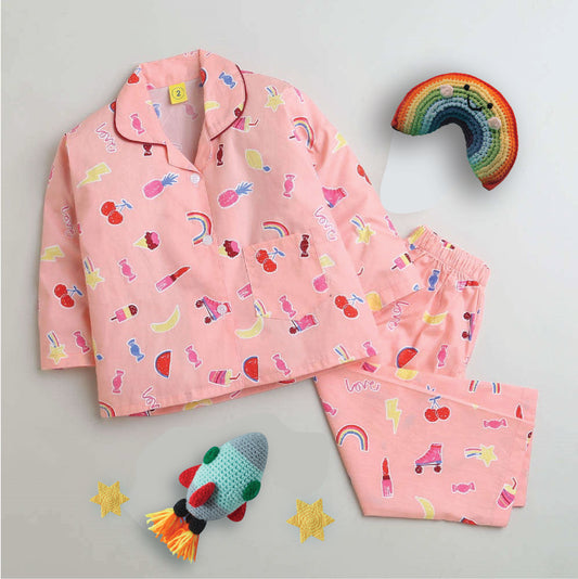 Cotton Full Sleeves Fruits Printed Night Suit Set-Peach