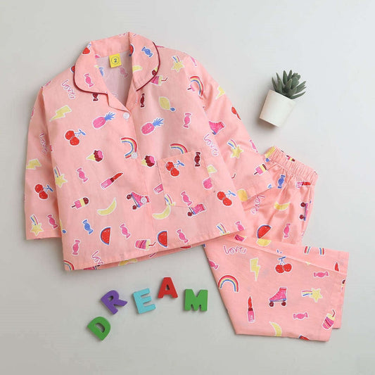 Cotton Full Sleeves Fruits Printed Coordinating Night Suit Set - Peach