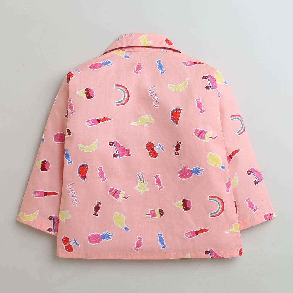 Cotton Full Sleeves Fruits Printed Coordinating Night Suit Set - Peach