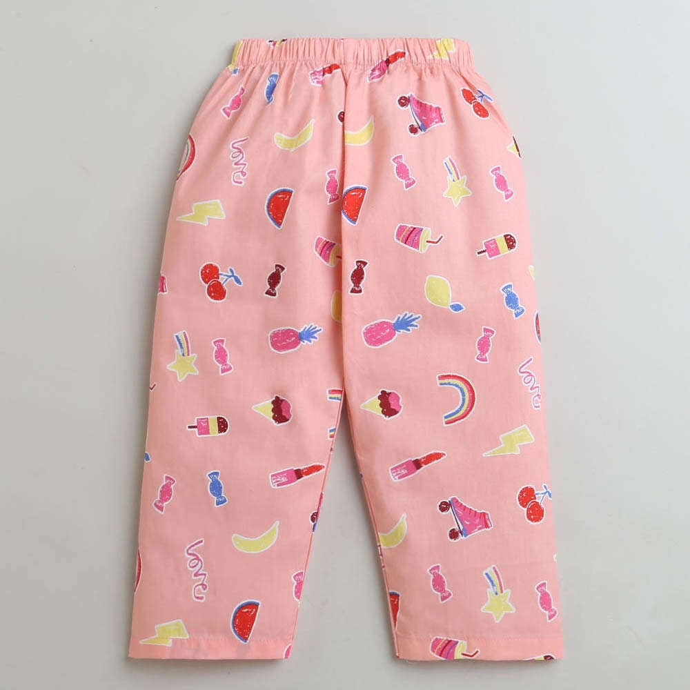 Cotton Full Sleeves Fruits Printed Coordinating Night Suit Set - Peach