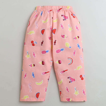 Cotton Full Sleeves Fruits Printed Coordinating Night Suit Set - Peach