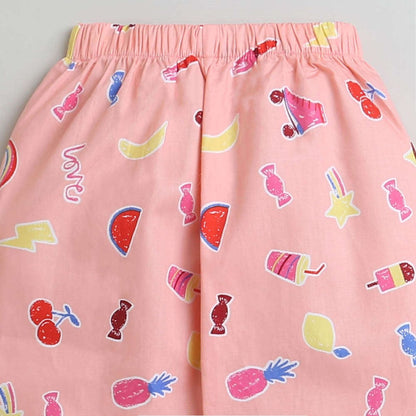 Cotton Full Sleeves Fruits Printed Coordinating Night Suit Set - Peach