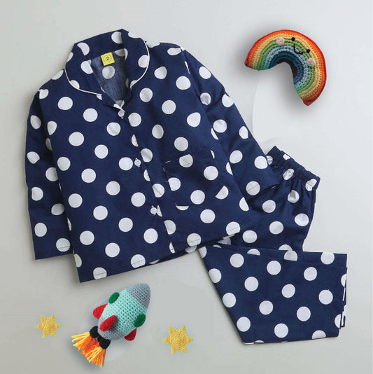 Cotton Full Sleeves Polka Dots Printed Coordinating Night Suit Set - Navy Blue