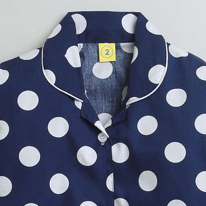 Cotton Full Sleeves Polka Dots Printed Coordinating Night Suit Set - Navy Blue