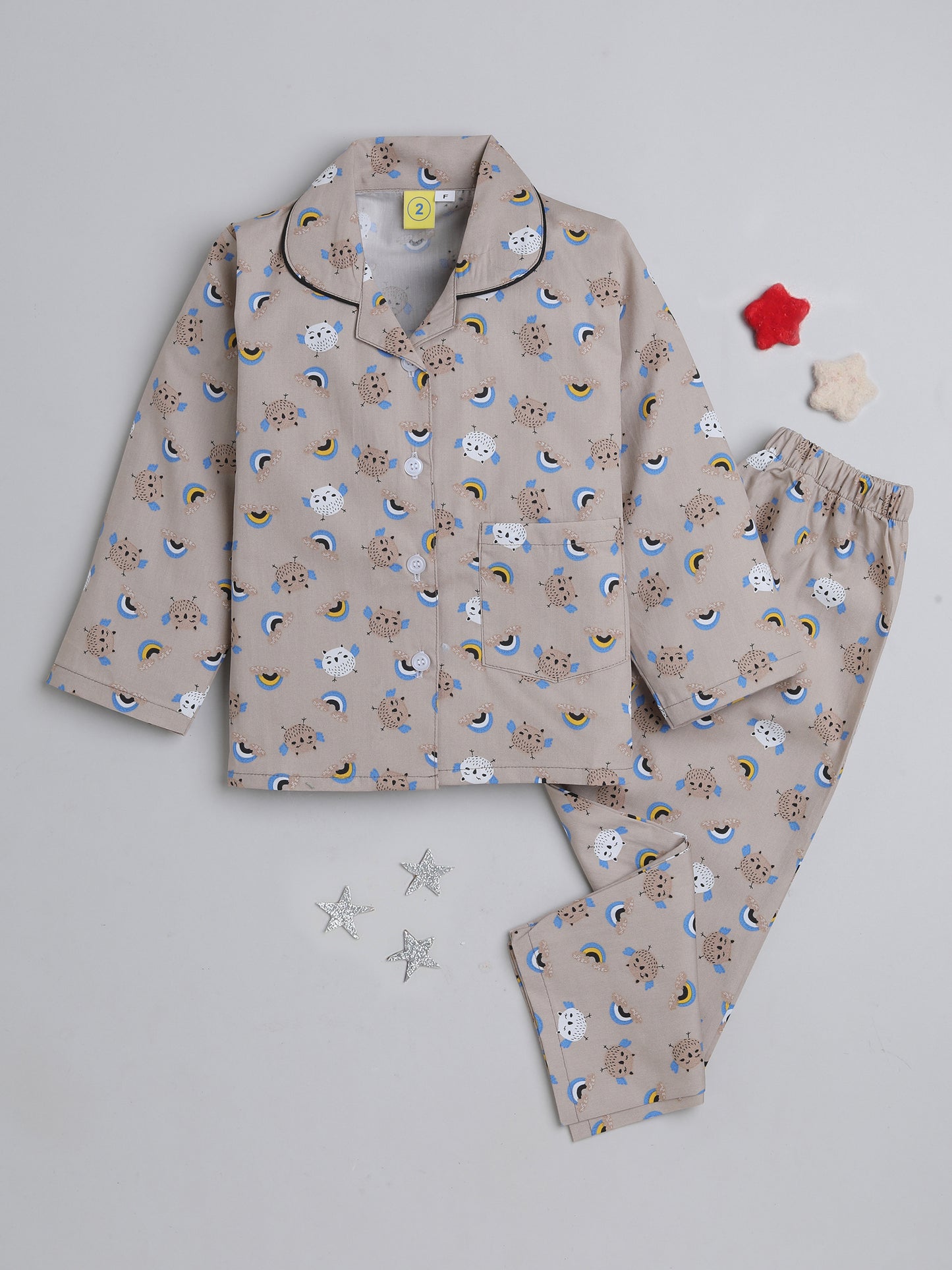 Full Sleeves Bird Printed Lounge Wear Night Suit Set For Kids Beige