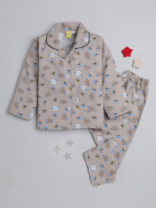 Full Sleeves Bird Printed Lounge Wear Night Suit Set For Kids Beige