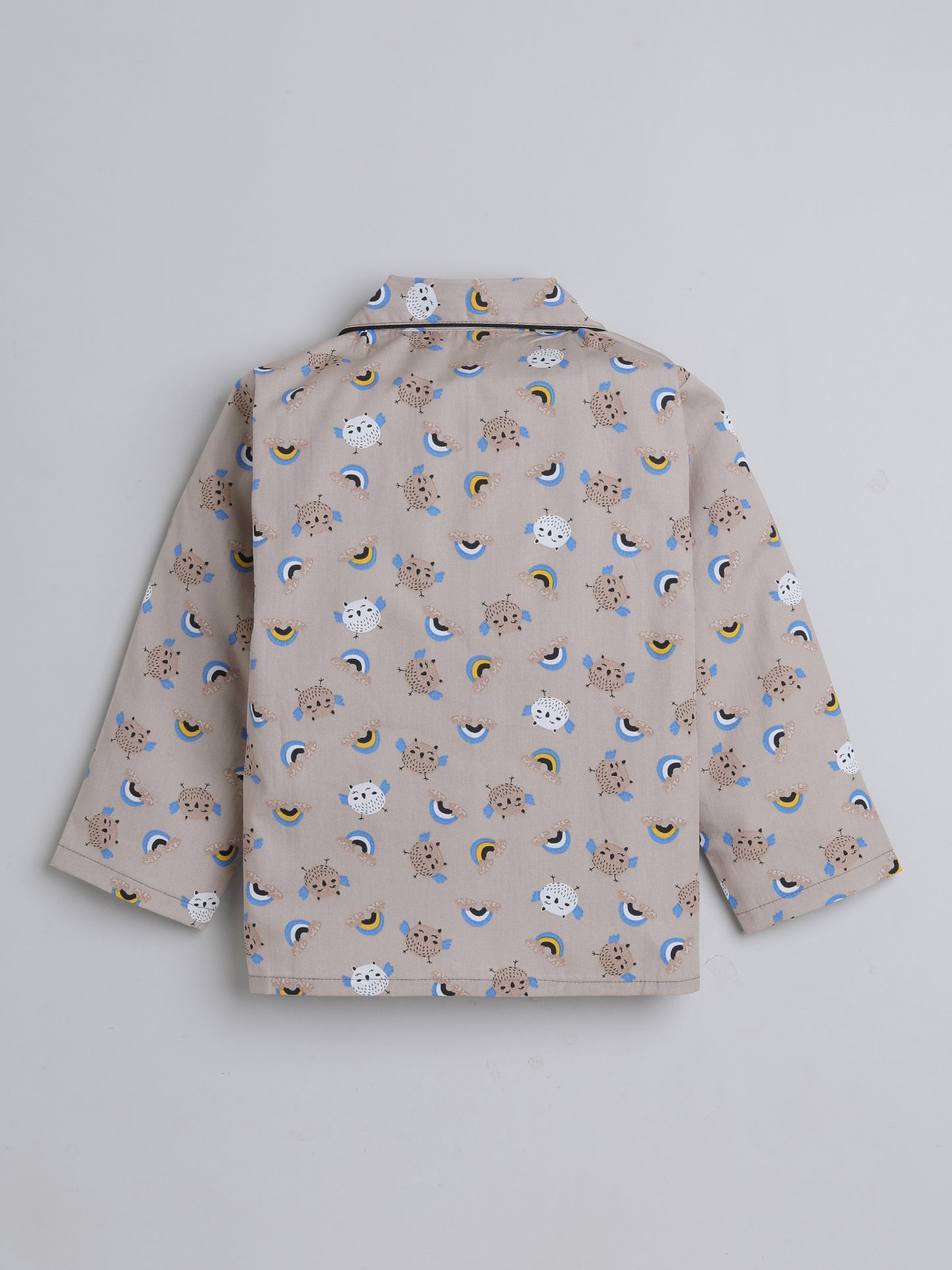Full Sleeves Bird Printed Lounge Wear Night Suit Set For Kids Beige
