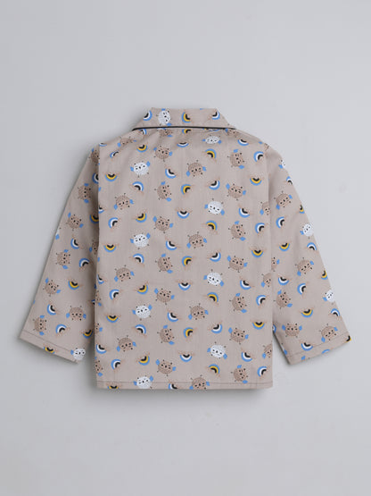 Full Sleeves Bird Printed Lounge Wear Night Suit Set For Kids Beige