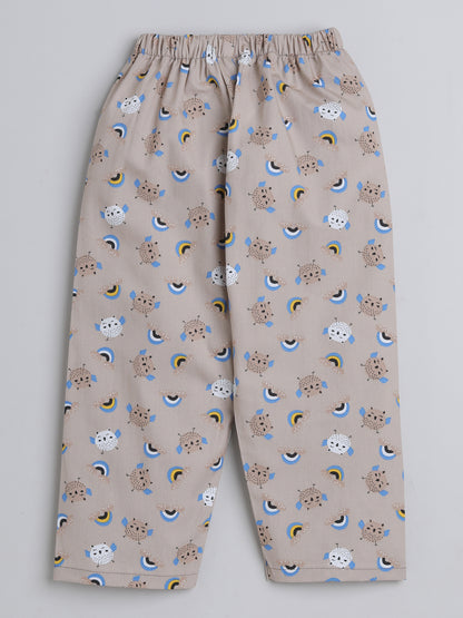 Full Sleeves Bird Printed Lounge Wear Night Suit Set For Kids Beige