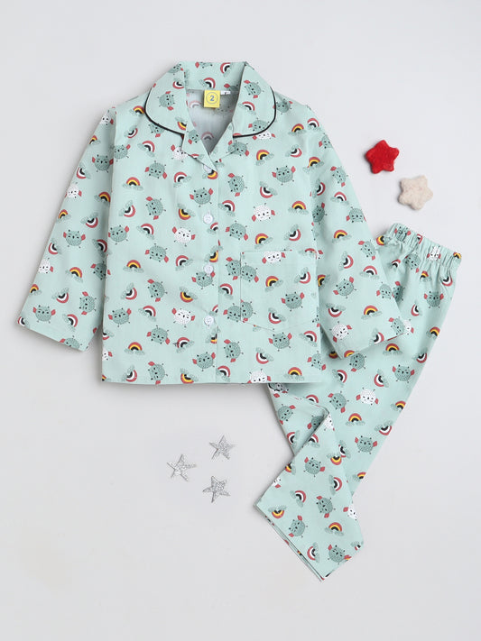 Full Sleeves Bird Printed Lounge Wear Night Suit Set For Kids Mint
