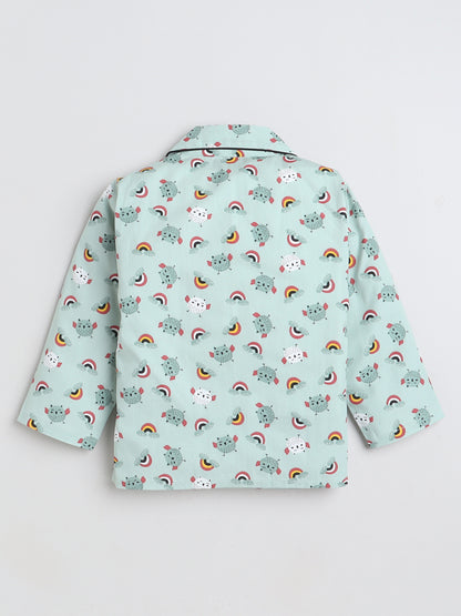 Full Sleeves Bird Printed Lounge Wear Night Suit Set For Kids Mint