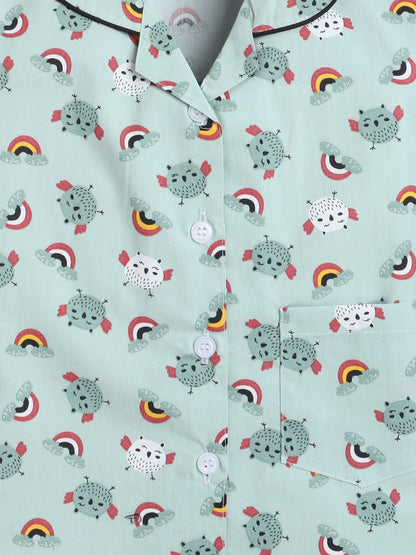 Full Sleeves Bird Printed Lounge Wear Night Suit Set For Kids Mint