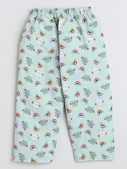 Full Sleeves Bird Printed Lounge Wear Night Suit Set For Kids Mint
