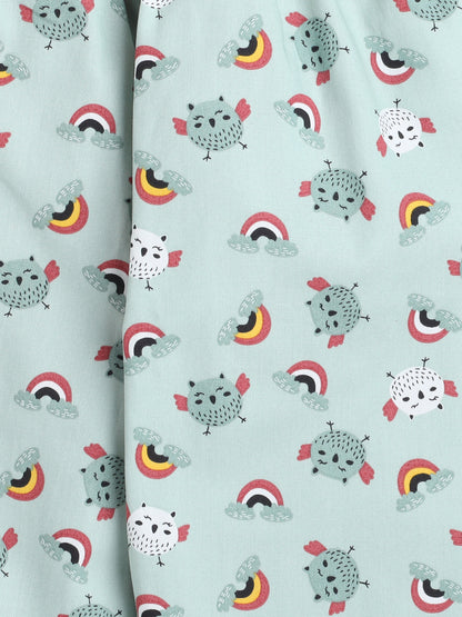 Full Sleeves Bird Printed Lounge Wear Night Suit Set For Kids Mint