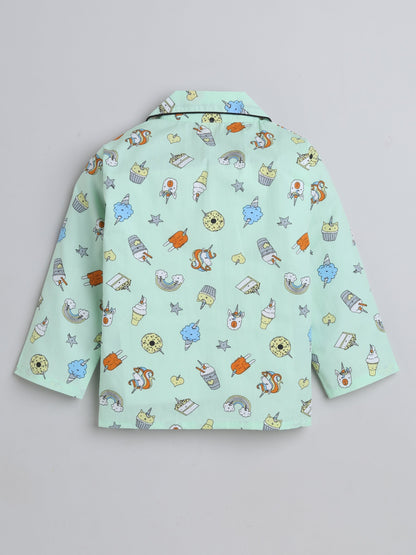 Full Sleeves Cupcake & Unicorn Printed Coordinating Shirt & Pajama Night Suit Set - Green