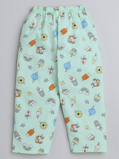 Full Sleeves Cupcake & Unicorn Printed Coordinating Shirt & Pajama Night Suit Set - Green