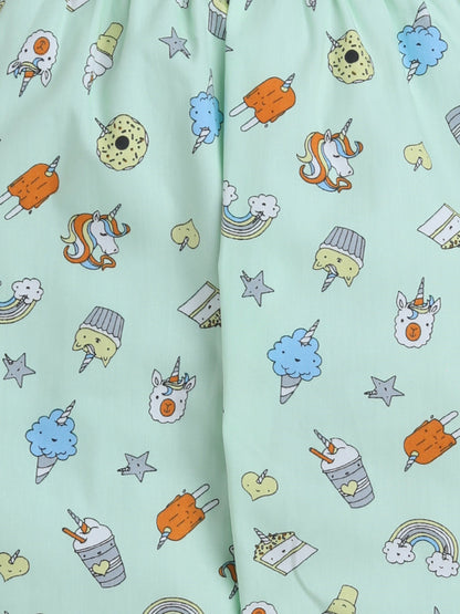 Full Sleeves Cupcake & Unicorn Printed Coordinating Shirt & Pajama Night Suit Set - Green