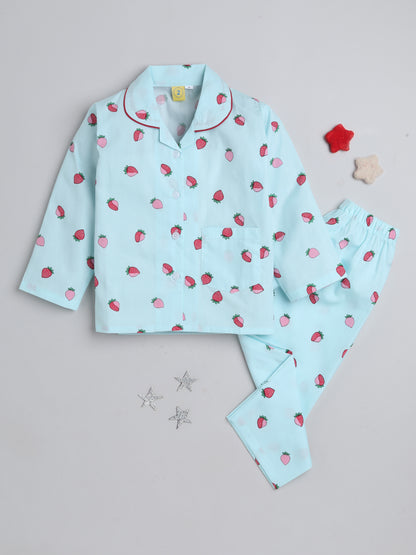 Full Sleeves Strawberry Printed Lounge Wear Night Suit Set For Kids  Blue
