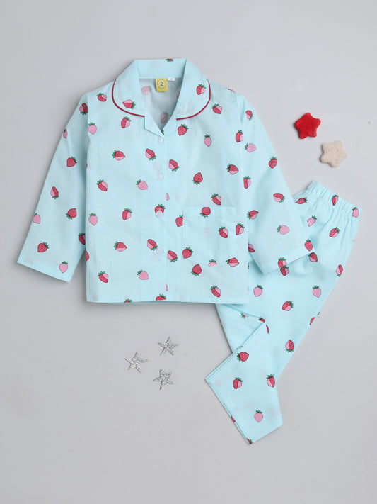 Full Sleeves Strawberry Printed Lounge Wear Night Suit Set For Kids  Blue