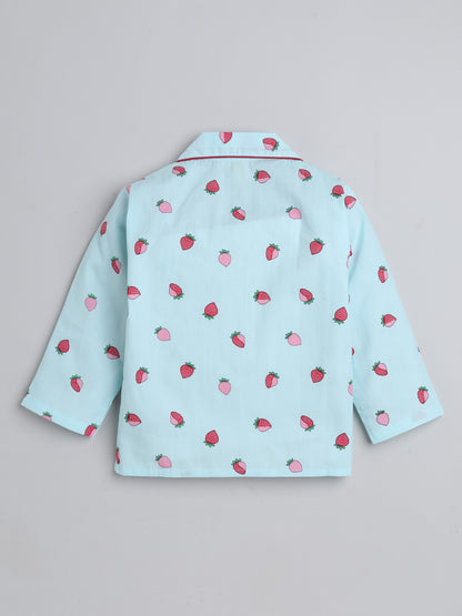 Full Sleeves Strawberry Printed Lounge Wear Night Suit Set For Kids  Blue