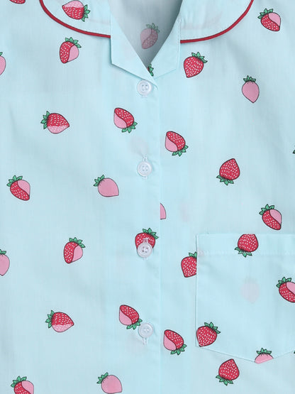 Full Sleeves Strawberry Printed Lounge Wear Night Suit Set For Kids  Blue