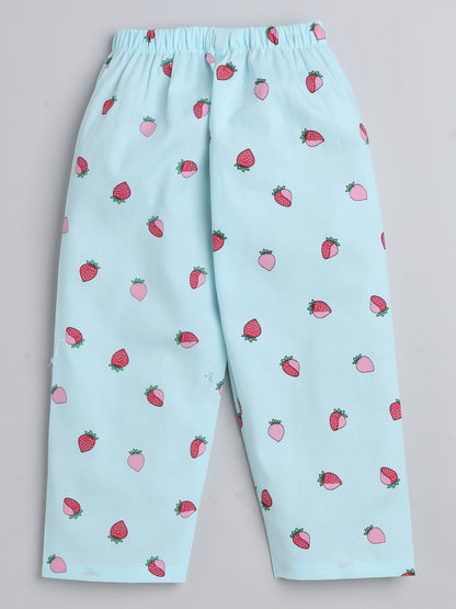 Full Sleeves Strawberry Printed Lounge Wear Night Suit Set For Kids  Blue