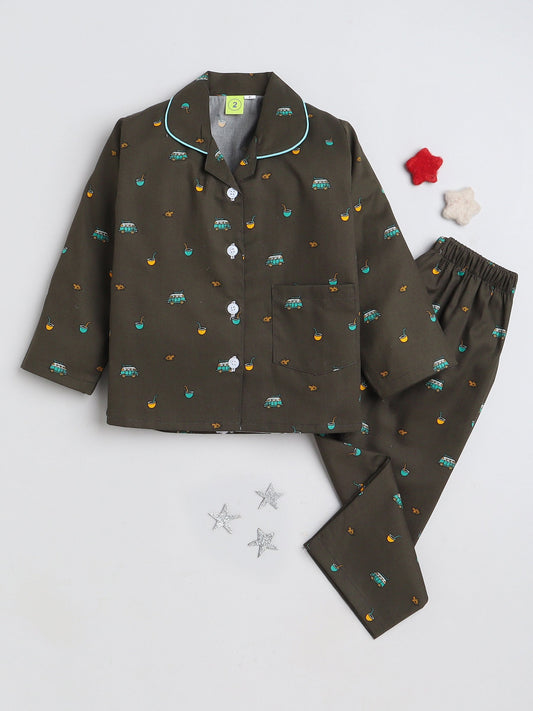 The Magic Wand Full Sleeves Vehicles Printed Lounge Wear Night Suit Set For Kids Olive