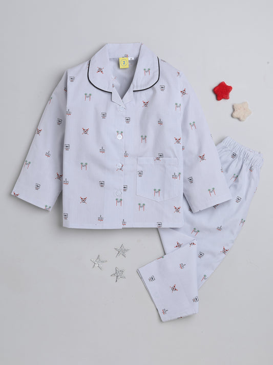 Full Sleeves Stripes Printed Lounge Wear Night Suit Set For Kids Off White