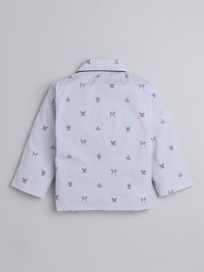 Full Sleeves Stripes Printed Lounge Wear Night Suit Set For Kids Off White