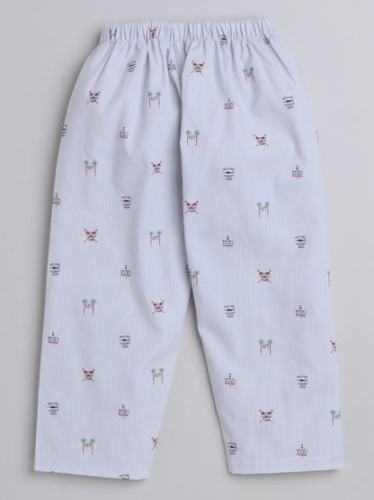 Full Sleeves Stripes Printed Lounge Wear Night Suit Set For Kids Off White