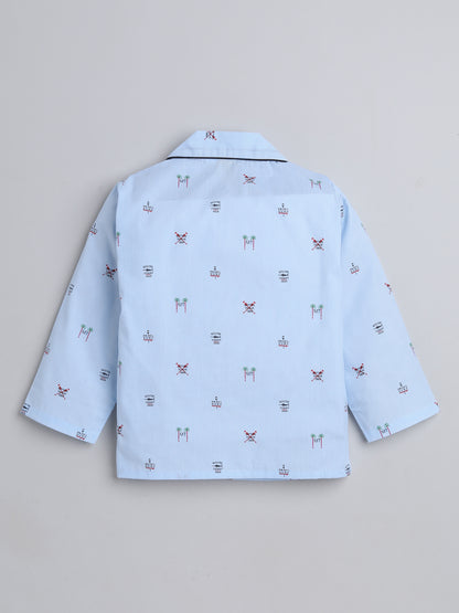 Full Sleeves Stripes Printed Lounge Wear Night Suit Set For Kids Sky Blue