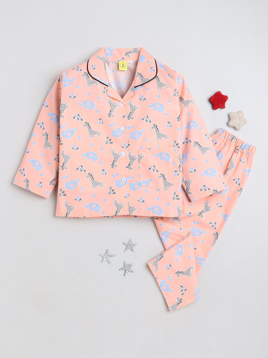 Full Sleeves Cute Animal Printed Lounge Wear Night Suit Set For Kids Peach