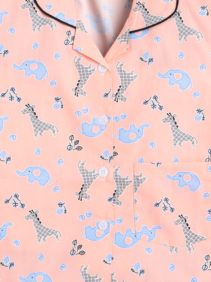 Full Sleeves Cute Animal Printed Lounge Wear Night Suit Set For Kids Peach