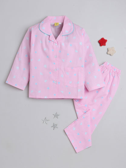 Full Sleeves Cute Heart Printed Lounge Wear Night Suit Set For Kids Pink