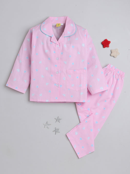 Full Sleeves Cute Heart Printed Lounge Wear Night Suit Set For Kids Pink
