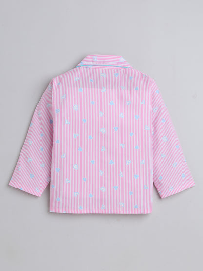 Full Sleeves Cute Heart Printed Lounge Wear Night Suit Set For Kids Pink