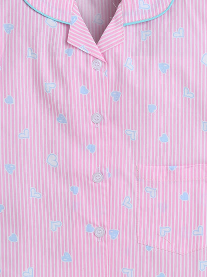 Full Sleeves Cute Heart Printed Lounge Wear Night Suit Set For Kids Pink