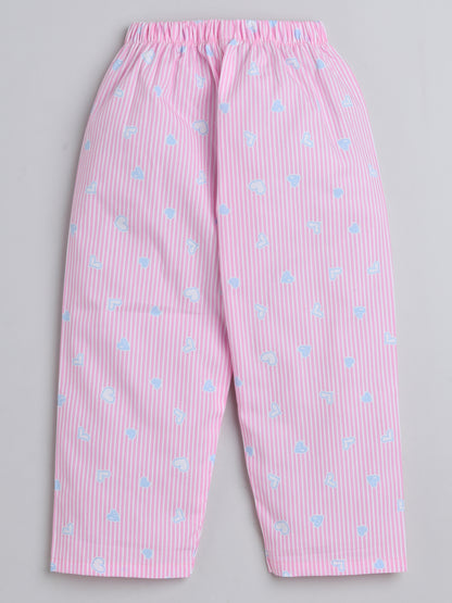 Full Sleeves Cute Heart Printed Lounge Wear Night Suit Set For Kids Pink