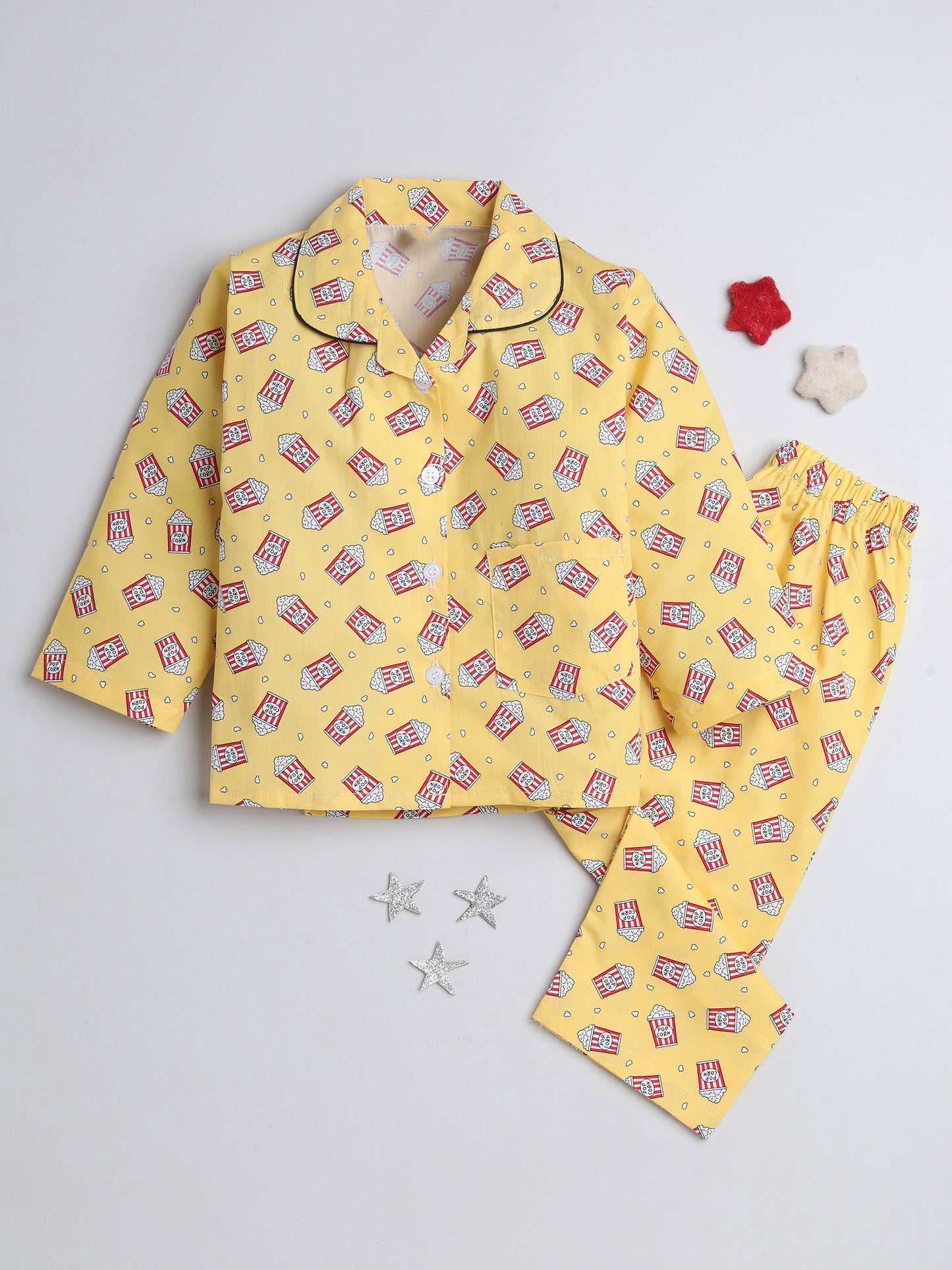 Popcorn Printed Full Sleeves Lounge Wear Night Suit Set For Kids Mustard