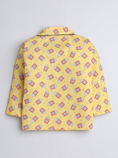 Popcorn Printed Full Sleeves Lounge Wear Night Suit Set For Kids Mustard